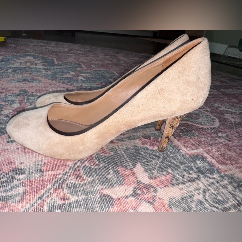 Taupe Tory Burch Mabel Suede Pumps with Snakeskin‎ Heel